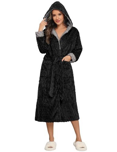 Ekouaer Womens Fluffy Robe Long Sleeve Soft Hood Bathrobe Calf Length Plush Robes with Pockets Black M