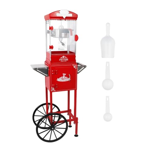 Image of Popcorn Machine with Cart, 10 Oz Kettle Makes Up to 3.5 Gallons, Vintage Popcorn Maker with Storage Cabinet & Scoop, Movie Theater Style Popper for Party, Red
