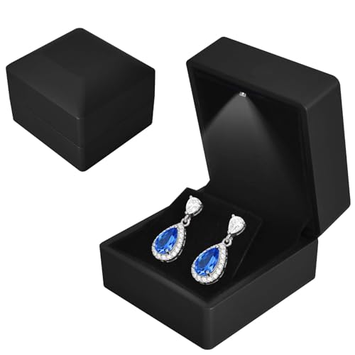 Caja de Pendientes con Luz LED, Pendiente Estuche de Exhibición Terciopelo, Caja de Almacenamiento de Joyería LED para Propuesta Compromiso Matrimonio, Día de San Valentín, 5.8*6.3*5cm, Negroa