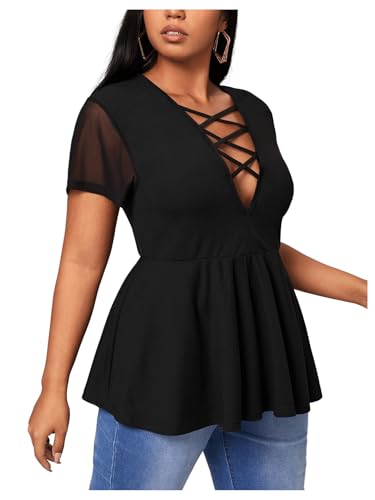 OYOANGLE Women's Plus Size Mesh Short Sleeve Criss Cross Front Plunging Neck Peplum Blouse4
