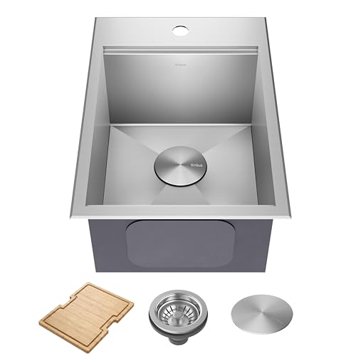 KRAUS Kore 15x22-Inch Drop In/Top Mount Workstation 16 Gauge Single Bowl Stainless Steel Bar Kitchen Sink with Accessories, Kitchen Sinks
