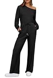 MEROKEETY Women's Long Sleeve Jumpsuits Dressy Casual 2024 Off Shoulder One Piece Wide Leg Long Pants Rompers, Black, Medium