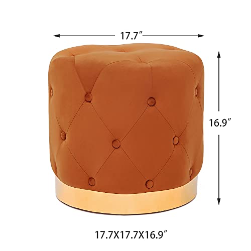 Homebeez Round Velvet Ottoman, Vanity Stool, Button Tufted Footrest Stool With Gold Base, 17.7" Width (Orange) #TOP2