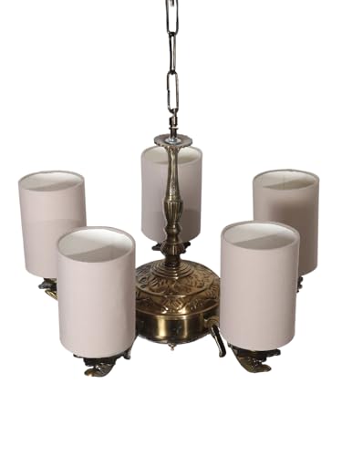 Image of Devansh 05 Lights Grey Round Cotton Shade with Antique Golden Chandelier