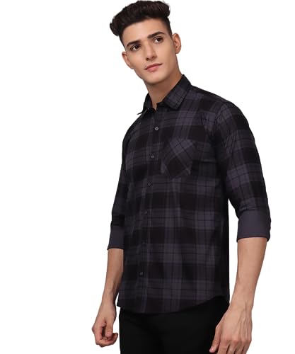 Image of TryBuy Premium Grey Black Checks Cotton Casual Shirt for Men