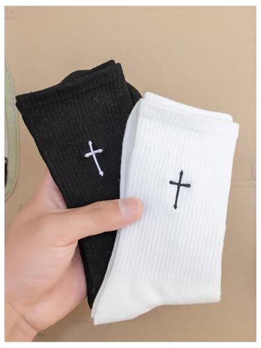 SHENHE Women's 2 Pairs Cross Print Knit Socks Breathable Sports Running Crew Socks3