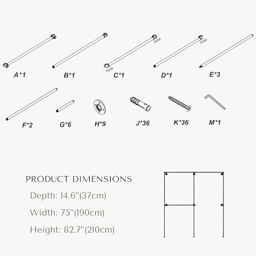 Industrial Pipe Clothing Rack, Heavy Duty Wall Mounted Clothes Rack, Retail Display Hanging Garment Rod for Laundry Rooms, Closet Storage, 14.6x75x82.7 Inches, Model K02