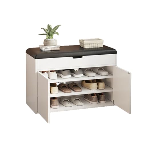 Zapatero blanco con banco, tamaños de 100 cm, 80 cm, 60 cm, organizador de almacenamiento de zapatos que ahorra espacio y soporte para objetos pequeños, zapatero de madera con interruptor de botón (60