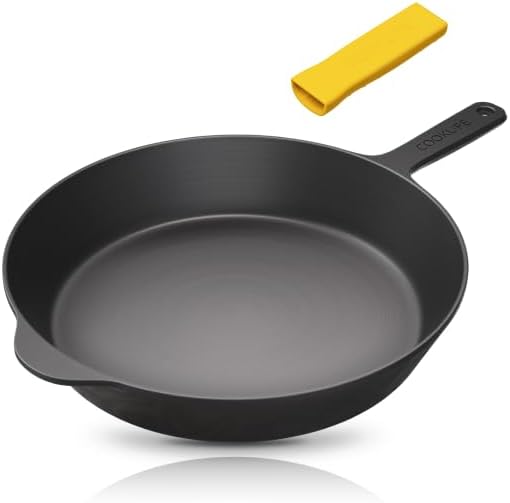 12 Inch Lightweight Pre-Seasoned Cast Iron Skillets with Handle Cover - Smooth Polished Surface, Easy to Clean Cast Iron Pan Use in the Oven, on the Stove or Grill, Over a Campfire