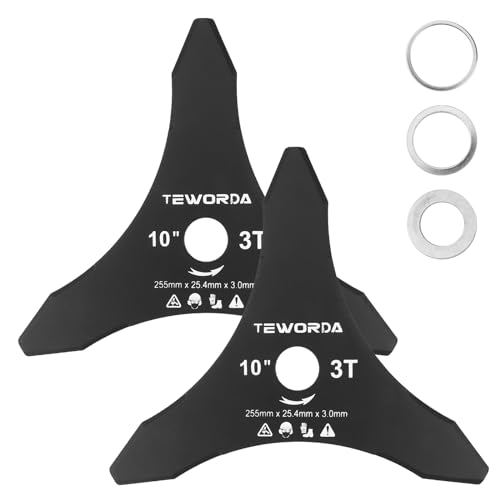 TEWORDA 10" x 3 Teeth Brush Cutter Blades for Weedeater, 2-Set Carbon Steel Trimmer Blades, Arbor 1" with 7/8"-20mm-5/8 Washers. Compatible with Husqvarna, Stihl, Ego, Oregon, Hitachi, Makita, etc.…