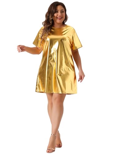 Image of Agnes Orinda Plus Size Dress for Women Metallic Round Neck Short Sleeve Party Clubwear Loose Mini T-Shirt Dress