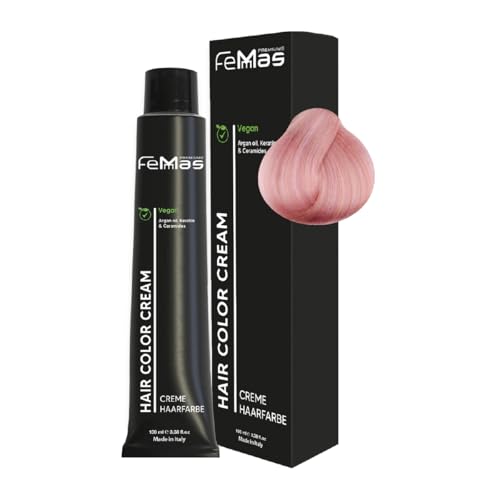 FemMas Tinte para el cabello rosa metálico, crema profesional con aceite de argán, queratina y ceramidas, como coloración permanente del cabello o tinte para resultados de color brillantes y