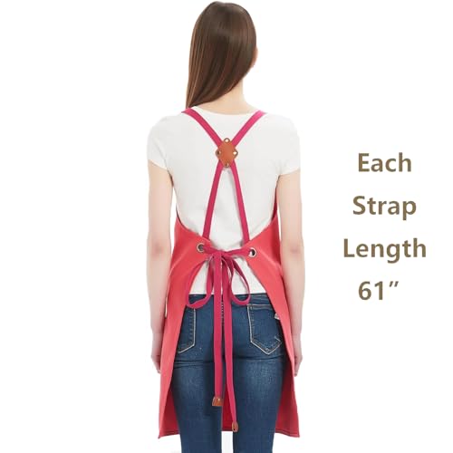 AFUN Chef Aprons for Women Men with Large Pockets, Cotton Canvas Cross Back Water Repellent Work Apron, Size M to XXL (Pink) - Thumbnail 3