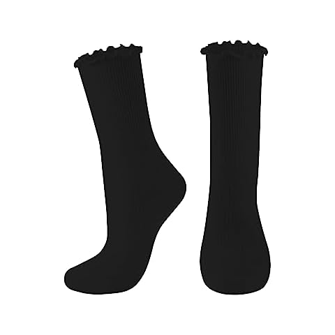 DOOVID Womens Socks Cute Ruffle Socks Cotton Turn-Cuff Frilly Crew Socks Slouch Casual Socks for Women 1 Pair Black Cover