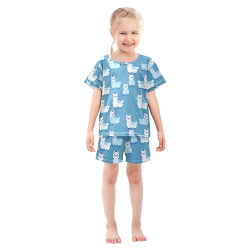 ALAZA Alpaca Llama Blue Pajamas Set Short Sleeve Cotton Sleepwear Summer Pjs 2 Piece 5-14Y3