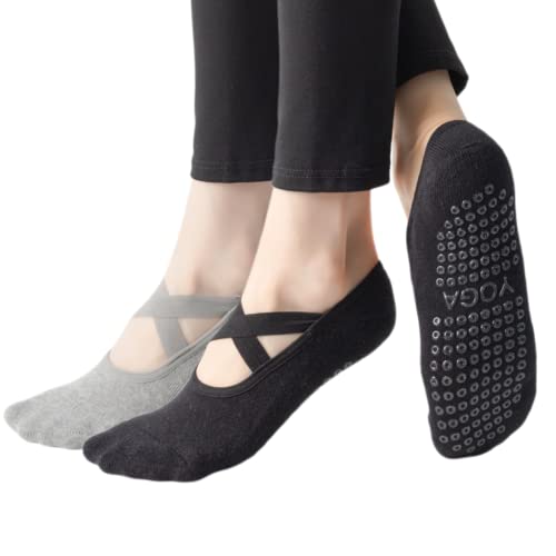 Lucfoxsy Grip Socks Non Slip Yoga Pilates Socks With Grips For Women Hospital Socks With Cushion Grippy Socks For Women Gripper Socks (2P2-Black Grey) #TOP7