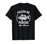 Un perchoir entouré des textes français « Filets de perche » et du lac Léman (Lac Léman).