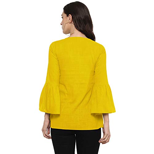 Image of Cotton Plain and Solid Bell Sleeve A-Line Short Round Neck Flared Tunic Top for Girls Women