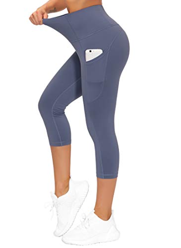 Image of THE GYM PEOPLE Thick High Waist Capris Yoga Pants with Pockets, Tummy Control Workout Running Yoga Leggings for Women