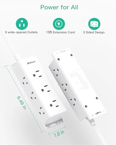 Image of 15ft Power Strip Extension Cord 9 Widely Spaced Multiple Outlets Wall Mount, 3 Sides Outlet Extender with Long Cord, Plug Surge Protector
