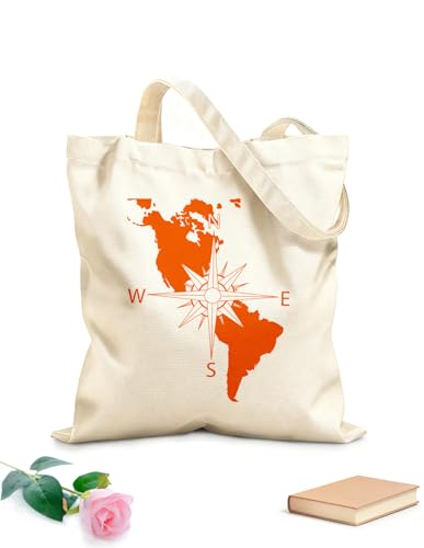 AILOONG Brújula de navegación Mapa del continente americano Bolsa de compras de lona de algodón Tela de 340g/m² de grosor Se usa como bolsa de regalo