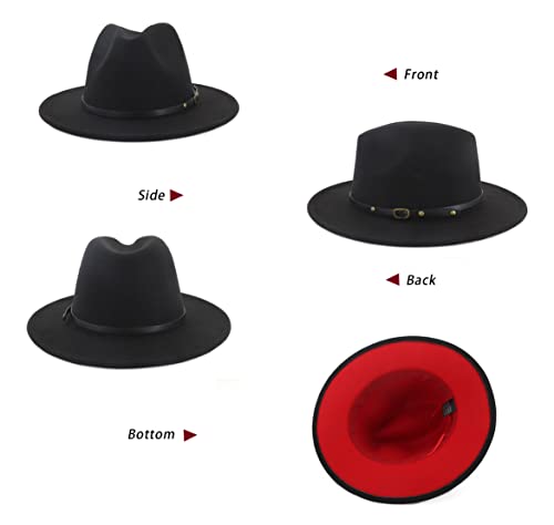 Two-Tone Wide-Brim-Panama-Fedora-Hats For Men And Women Panama Classic Jazz-Hat(Size:7-7 1/4)(Black/Red 1Pcs, M:56-58Cm/22.4-23Inch) #TOP4