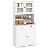 Giantex 67' Kitchen Pantry Cabinet, Tall Kitchen Cupboard w/Hutch, 2-Door Cabinets, Detachable Shelves, Pull-Out Drawers, Freestanding Storage Cabinet for Dining Room, Living Room (White)