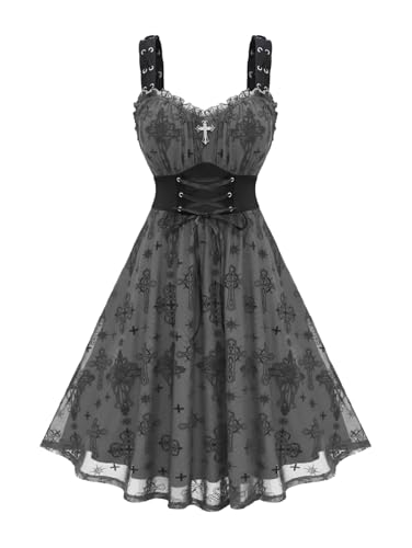 Rosegal Plus Size Women Gothic Vintage Mesh Overlay Dress(Gray_1/1X)