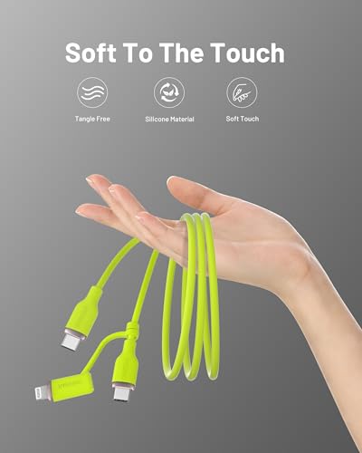 Image of 2-in-1 Soft Silicone USB C to USB C Cable with Lightning Connector (6FT, Lime Green), MFi Certified Type C Fast Charging Cord for iPhone 17 16 15 14 13,Galaxy S26 S25 S24,iPad,MacBook,AirPods