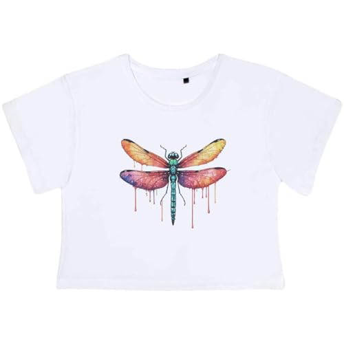 Image of Azeeda Medium 'Colourful Dragonfly' Adult's Cotton Crop Top (CO00190854) White