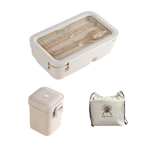 AIMALL Wheat Fibre Lunch Box Set with Bento Bag and Soup Cup 3PCS or Single Box Option Microwave Safe Compartment Bento Container for School Office Picnic Beige Colour