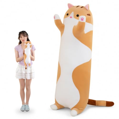 Amozo Chat en Peluche Coussin de Chat Long Oreiller Animé Peluches Geante Chat Doux Jouets Doux Poupée Cadeaux pour Enfants Adultes,1pcs, Orange/50cm