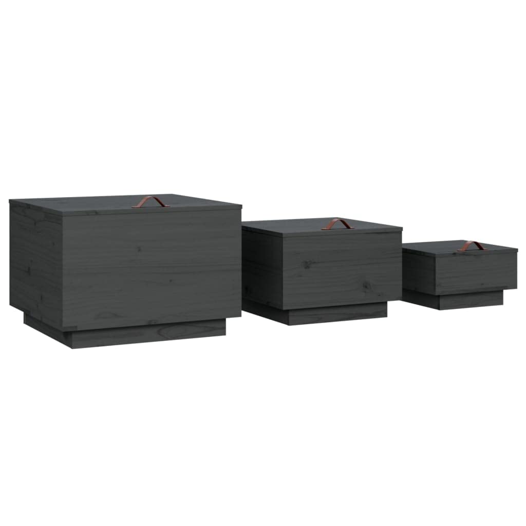3er Set Aufbewahrungsboxen mit Deckel aus massivem Kiefernholz, Holzkisten Set in Grau, Allzweckkiste Holzboxen für Wohnzimmer und Flur, Beistelltisch Truhe