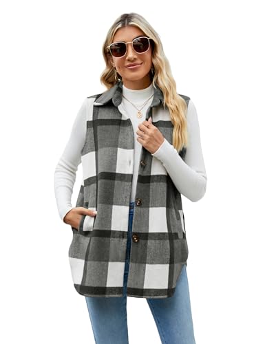 UANEO Womens Fall Flannel Plaid Vest Button Down Sleeveless Shirt Jacket with Pockets