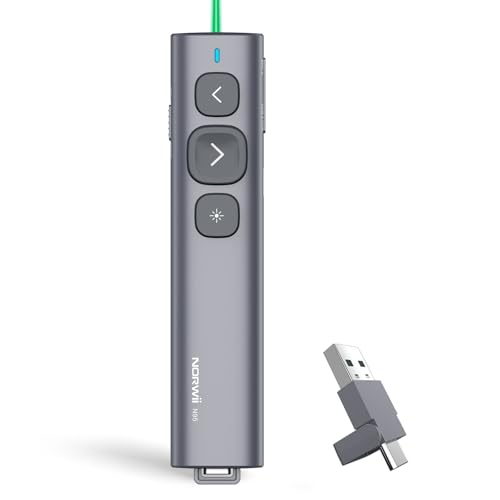 Norwii N95 Presentation Clicker with USB-A&C Receiver, PowerPoint Clicker for Presentation Remote, Rechargeable Wireless Presenter Pointer, Slide Advancer for PC/Laptop/e-Book (Green, USB-AC)