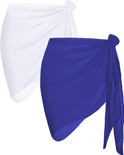 2 Pieces Sarong Cover Ups for Women Beach Bathing Suit Wrap Sheer Short Skirt Bikini Chiffon Scarf for Swimwear (White and Royal Blue)