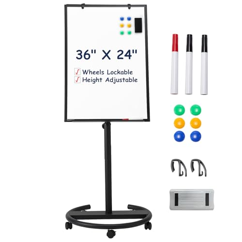 TSJ OFFICE Mobile Whiteboard Standing - 36 X 24 Inches Magnetic Rolling White Board, Height Adjustable Dry Erase Board on Wheels with Flip Chart Hooks, Black