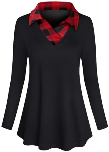 SeSe Code Buffalo Plaid Shirt for Women, Junior Tops Flannel Long Sleeve Stylish V Neck Casual Pullover Stretchy Breathable Womens Casual Clothes for Work Red and Black Large