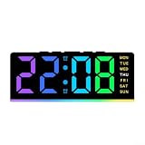 Reloj de luz RGB con visualización de alarma de hora, día, fecha, iluminación RGB de pantalla completa y menú multilingüe para colocación de dormitorio