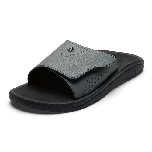OLUKAI Nalu Slide Men's Versatile Slide Sandals, Water-Friendly & Adjustable Straps, Lightweight & Durable, All-Day Comfort & Support, Rock/Black, 12