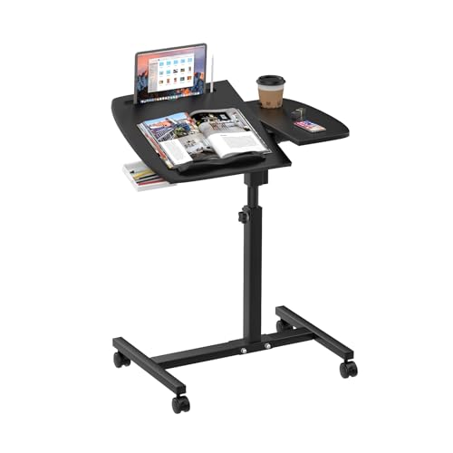 EXSELTMAN Tavolino da Letto con 4 Ruote, 60x40, Comodino Altezza Regolabile in Altezza 59-89cm, Tavolo da Caffè Carrello in Legno Metallo per Soggiorno Camera da Letto Ufficio