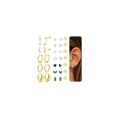 FIOROYAL 12 Pares Pendientes Mujer Acero Inoxidable,14K Oro Pendientes Acero Quirurgico Mujer Antialergicos Hipoalergénico Cartílago Huggie Hoop Pendiente Multi Piercing Oro