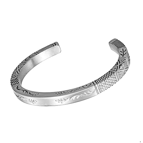 Murtoo Mens Viking Bracelet, Stainless Steel Open Cuff Bangle Bracelets For Men With Inspirational Handmade Carved (Silver, 9 Inch) #TOP16