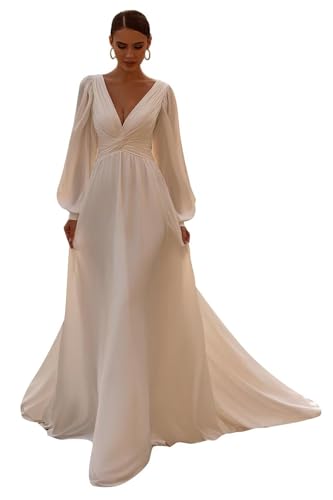 Wedding Dresses for Bride with Train Long Sleeve Chiffon Long