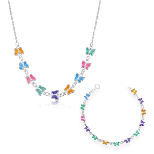 Colar e Pulseira Borboleta Colorida em Prata 925 Antialérgica