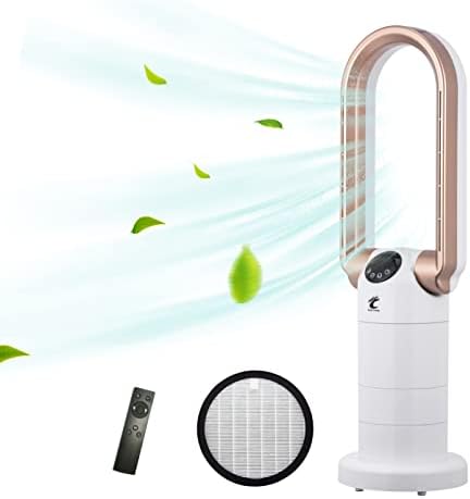 Bladeless Fan and HEPA Air Purifiers Combo, 29 inch Tower Fan with Remote, 120° Oscillating & 270° Tilt Head Table Fan, 9 Speeds 9 HoursTimer Air Circulator for Home Office Bedroom, White/Gold