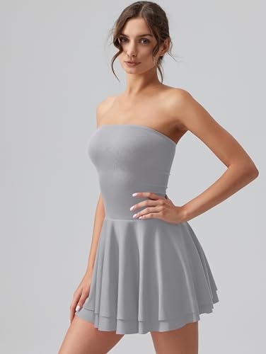 Image of OQQ Womens Strapless Mini Dress Tube Top Corset Dress Ruched Waist Flowy A Line Cocktail Party Dress Going Out Club Night Out