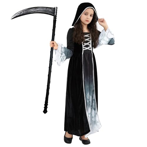 Ycaaeo Deguisement Faucheuse Fille Halloween, Costume D'Halloween Faucheuse Fille avec Faucille, Costume Faucheuse Faucille, pour le carnaval d'Halloween et les jeux de rôle (XL)