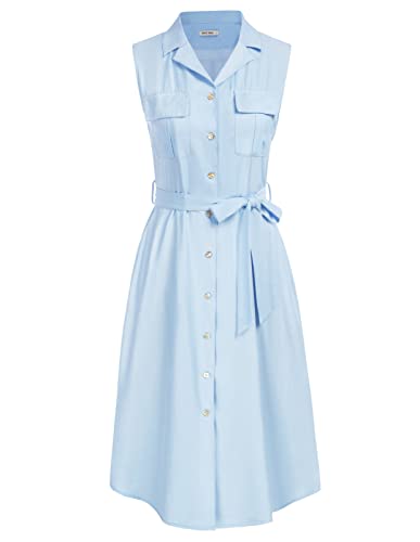 Grace Karin Casual Dress For Women Summer Sleeveless Button Down Shirt Dress Collared V Neck Denim Jean Dress Light Blue Xl #TOP4