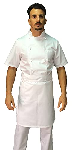 Veste cuisinier homme manches courtes pour le coup de feu en restaurant avec tablier